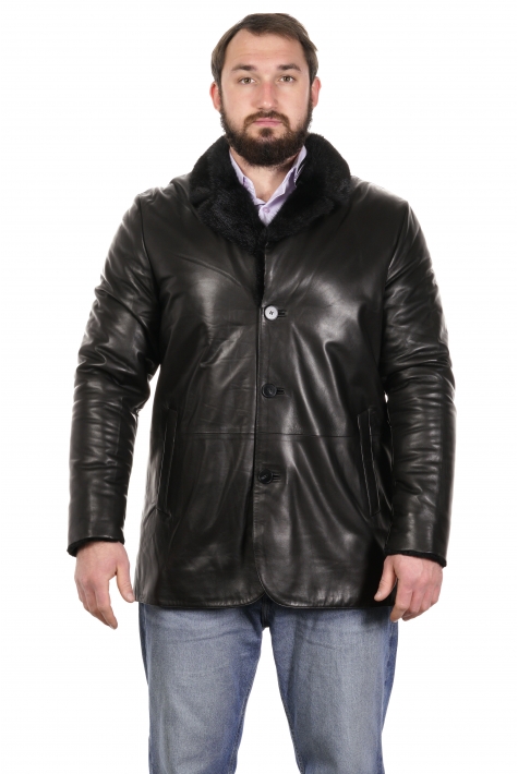 Мужская кожаная куртка из натуральной кожи на меху с воротником, отделка норка 8022673